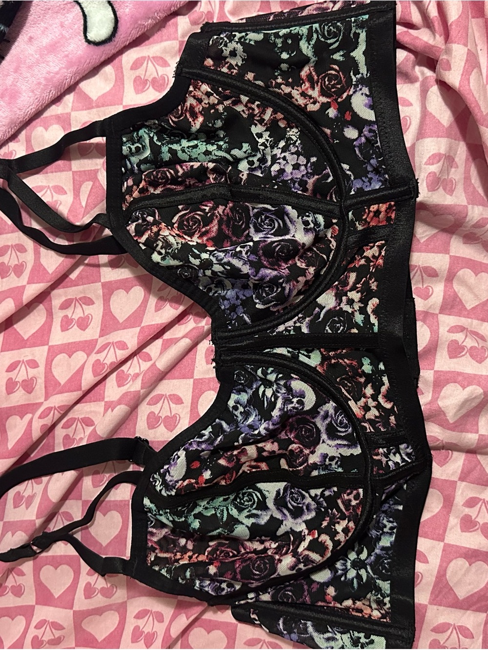 Floral Lace Underwire Bra - Black with Multicolor Rose Print